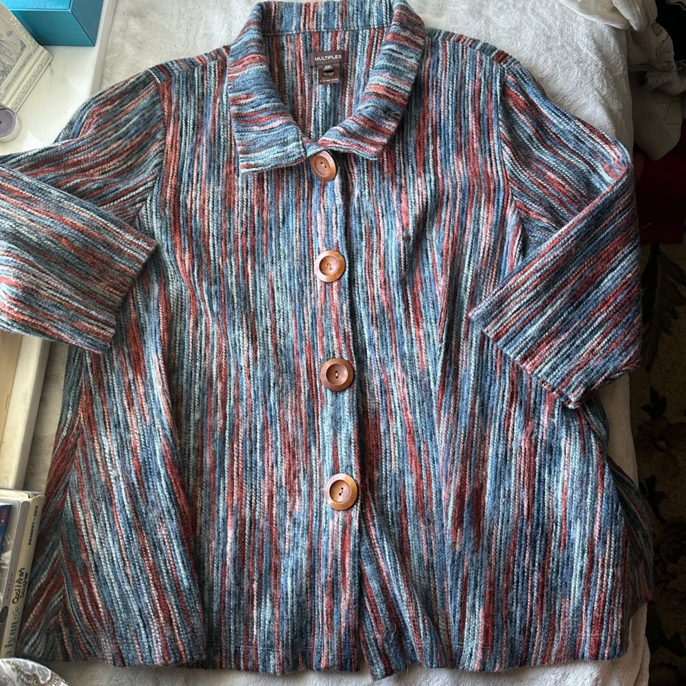 Cozy Multicolor Striped Shacket Button Up Cardigan Textured
